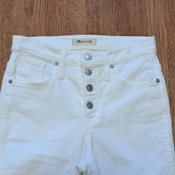 Madewell Distress White Skinny Button Fly Jeans with Raw Hem - Size 25 - Picture 10 of 16